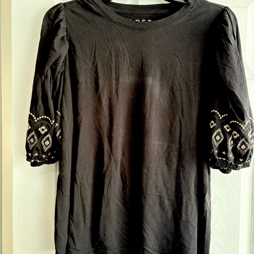 LOFT Black Top with Embroidered Sleeves